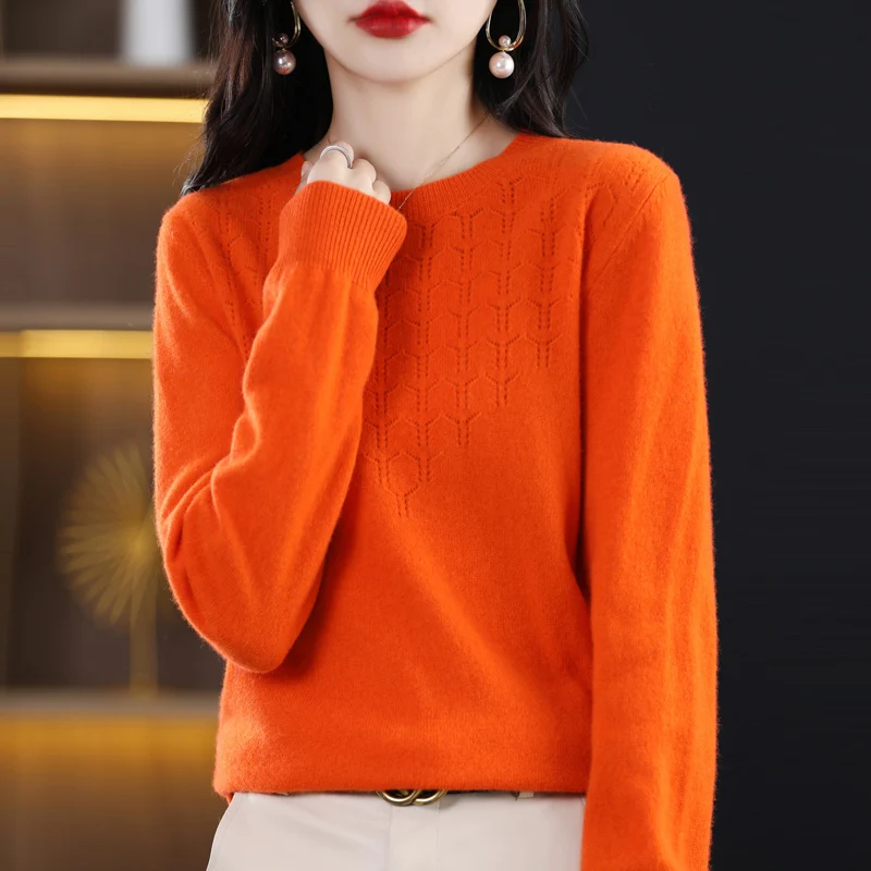 Women New Fashion Wool Soft Sweater Autumn Winter Hollow Out Round Collar Pullover Casual Basis Cashmere Warm Knitting Top