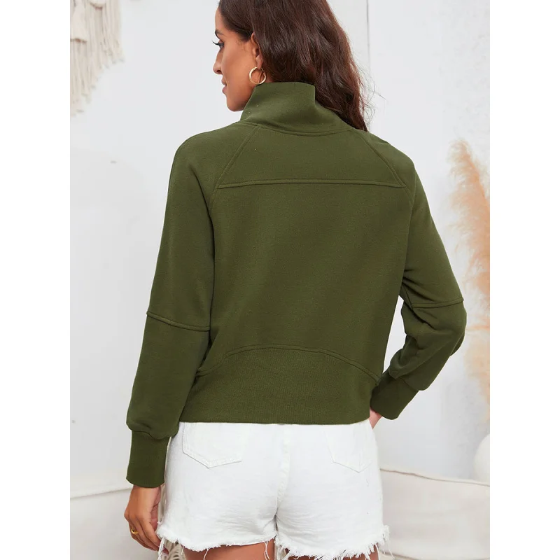 European and American Leisure All-Match Solid Color Hoodie Women's Autumn New Zipped Stand Collar Long-Sleeved Sweatshirt Women'