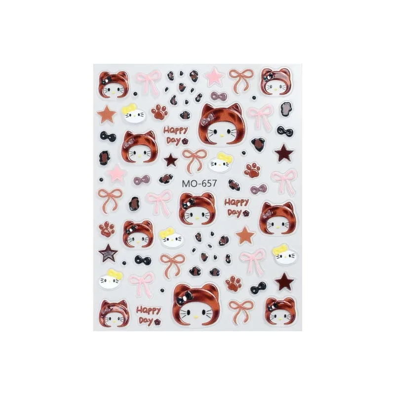 Set da 3 adesivi per unghie Hat Kitty - Nail art con fiocco e fungo 3D, decorazioni per unghie a pressione con simpatico cartone animato per manicure alla moda