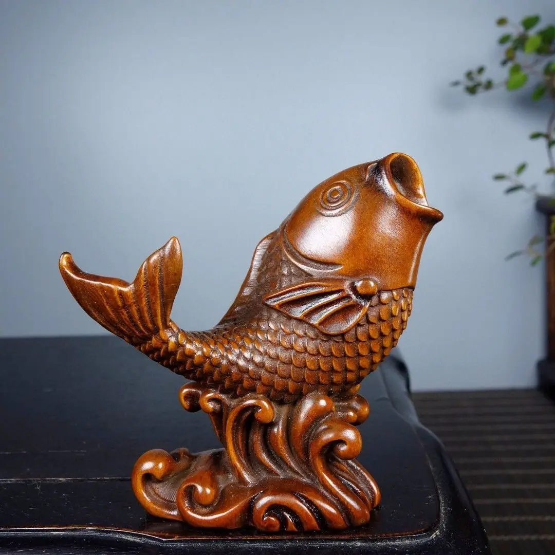 Boxwood Carved Hand Play Toy Year After Year Fish Desktop Small Ornament Craft Koi Collectible Decoration Jewelry