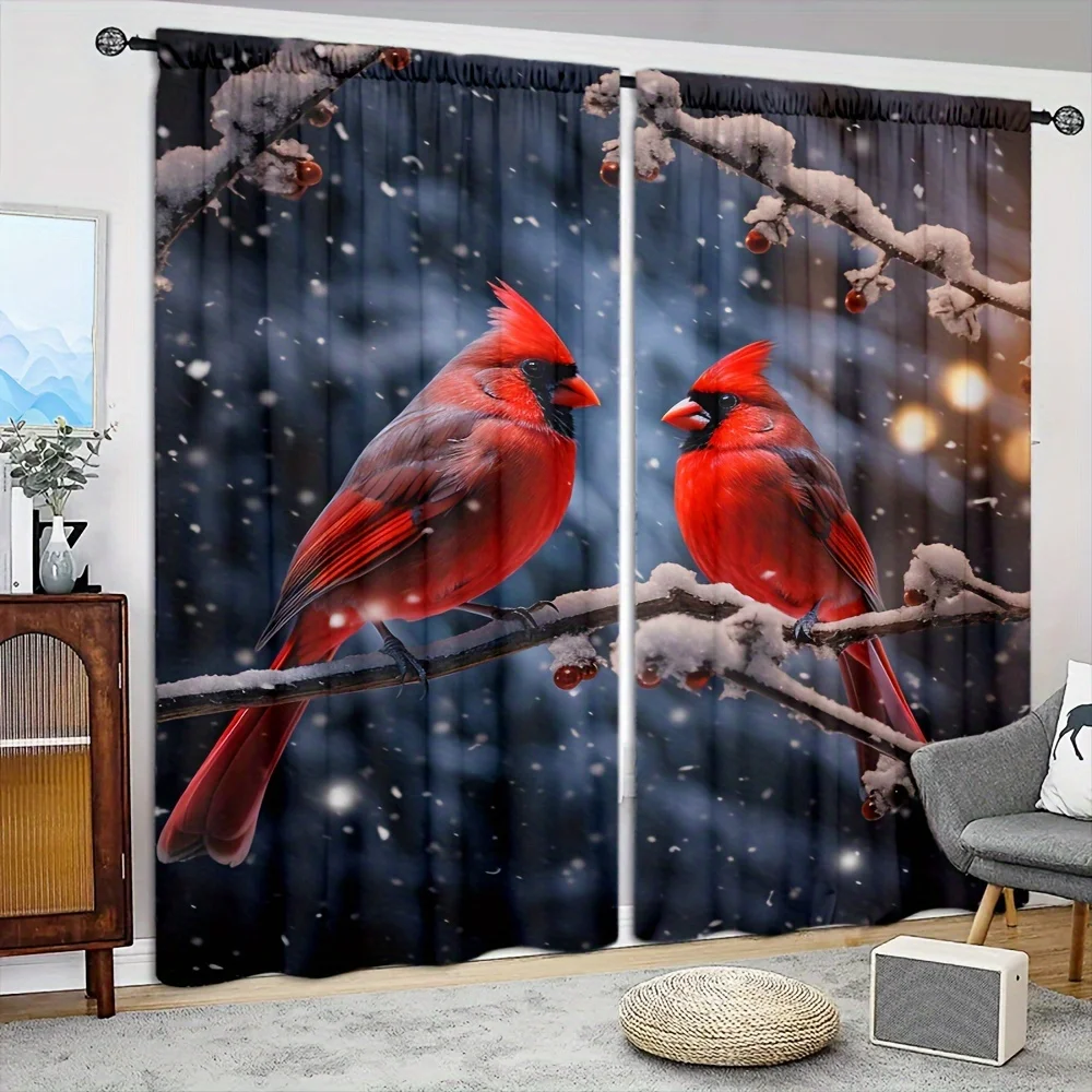 Large Printed Curtains Cardinal Birds Nature Snow Winter Window Curtain Home Decoration Room Drapes Art Print Blinds Window