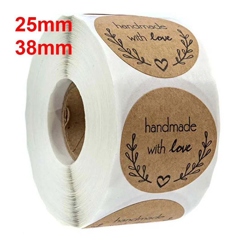 100/500PCS Kraft Paper Handmade With Love Stickers Round 25mm 38mm Baking Gift Label Stickers Thank You Stickers