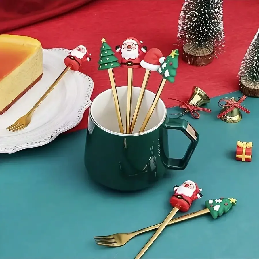 

Christmas Spoons Fork Cutlery Set Elk Dessert Scoop Fruit Fork Coffee Spoon Stainless Steel Dessert Fork 4/6PCS Christmas Set