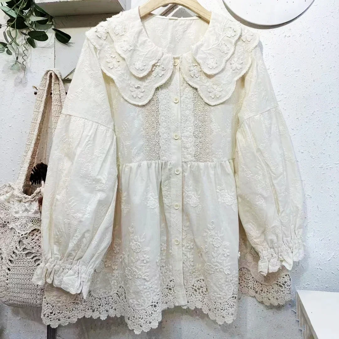 Women Vintage Cotton Linen Floral Embroidery Long Shirt 2024 Rococo Victorian Rococo Cottagecore Tunic Peplum Dress Shirt Tops