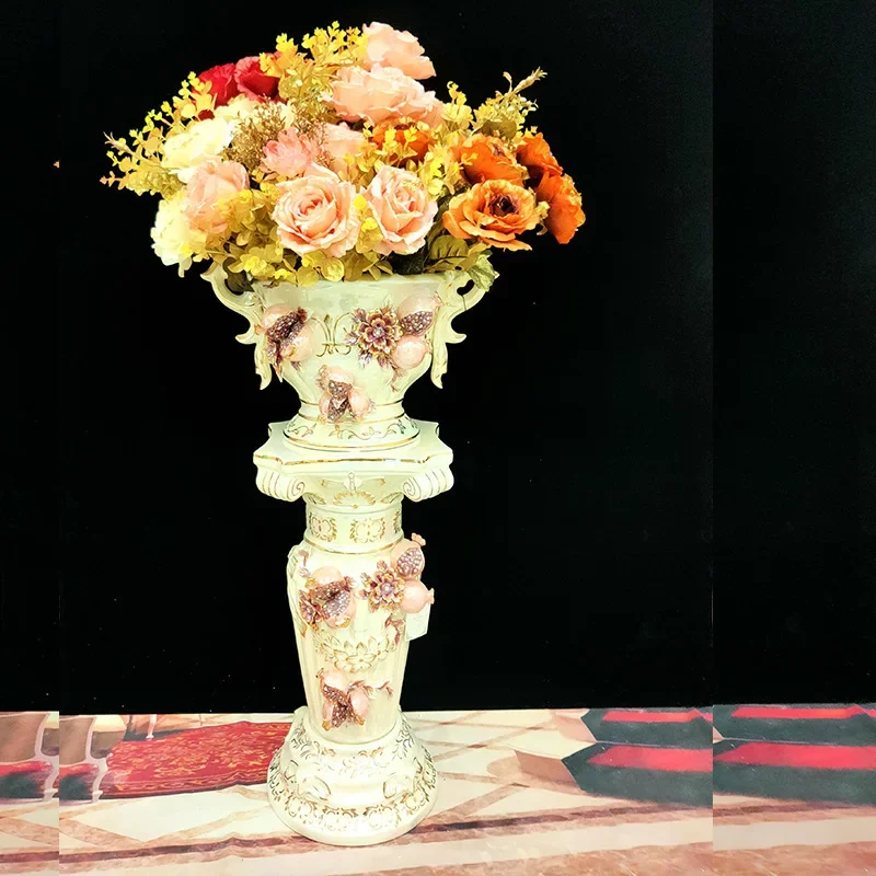 Roman column high-end floor-to-ceiling large vase simulated flower arrangement set ornament, European-style modern hotel