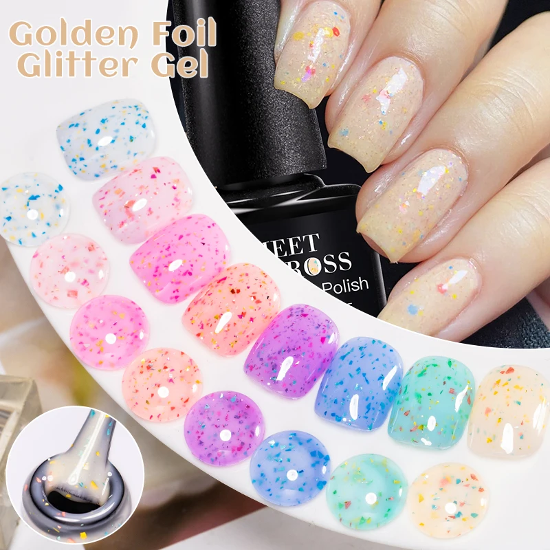 MEET ACROSS 7ml Golden Foil Glitter Gel Nail Polish UV/LED Soak-off Sparkling Foil Sequins Nail Art Gel Manicure Nail Supplies