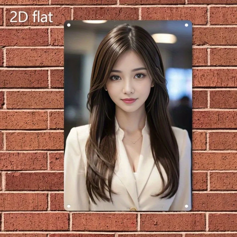 Arte Metálico de Pared HD, Hermosa Mujer Asiática con Largo Cabello Castaño en Blazer Blanco, Look Profesional de Oficina, Expresión Sonriente y Segura