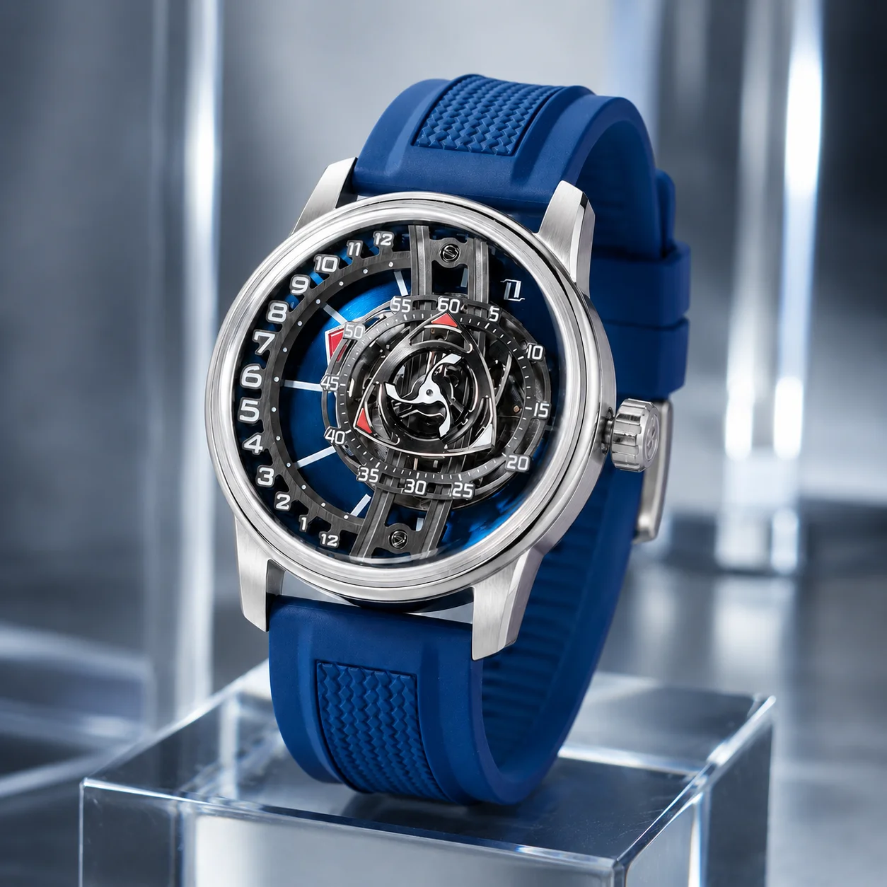 OBLVLO Men's Racing-Style Forged Carbon Automatic Watch – Creative Rotor Design, Blue Rubber Strap, Water-Resistant