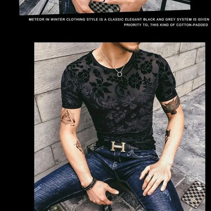 2023 Summer New Velour Clothes Men's Hollow Out Breathable Tops Round Neck Slim Jacquard Weave T-shirt