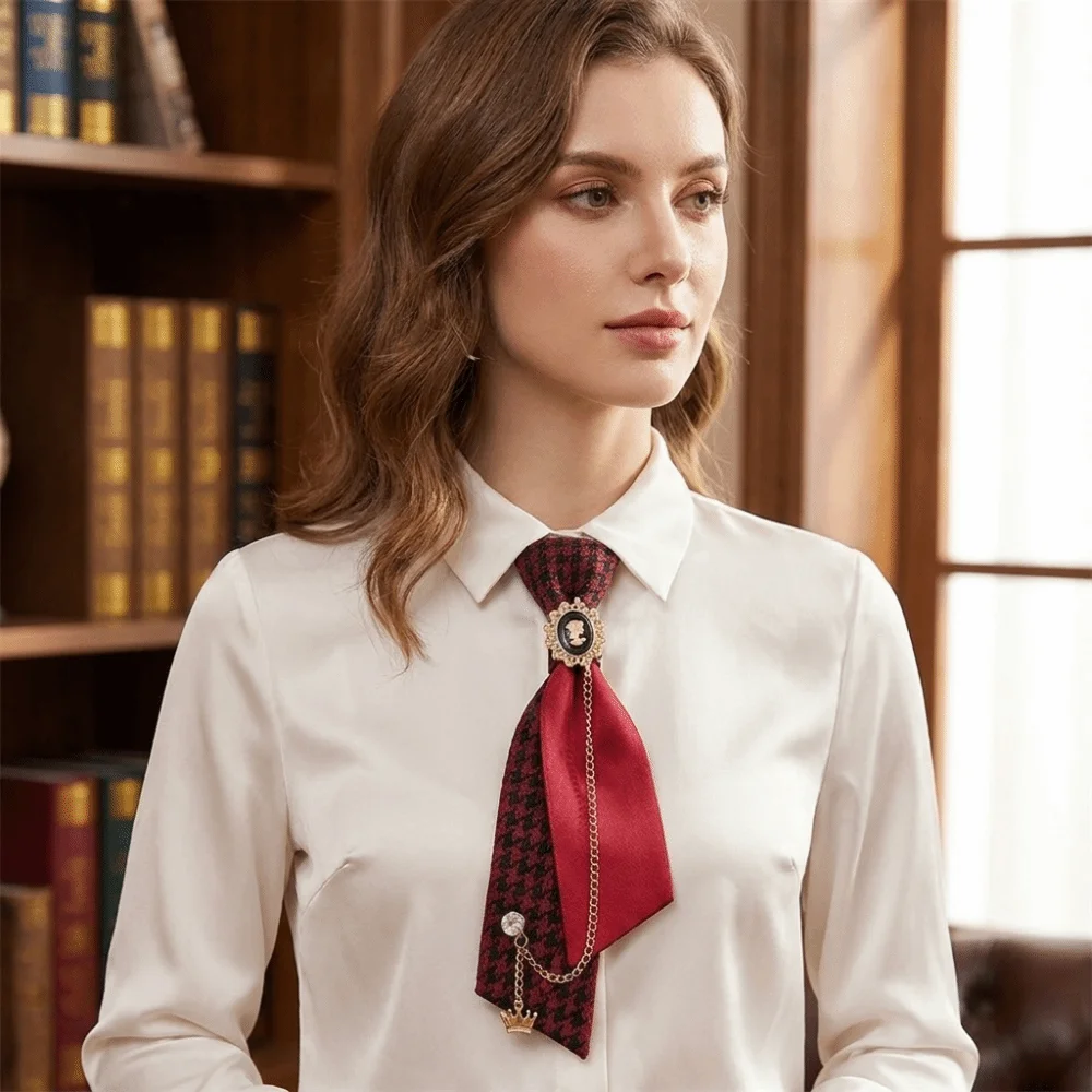 Chic Y2K Preppy Necktie Oval Rhinestone Chain Plaid Bow Tie Multiple Colors Adjustable Strap Decorative Neck Tie For Men