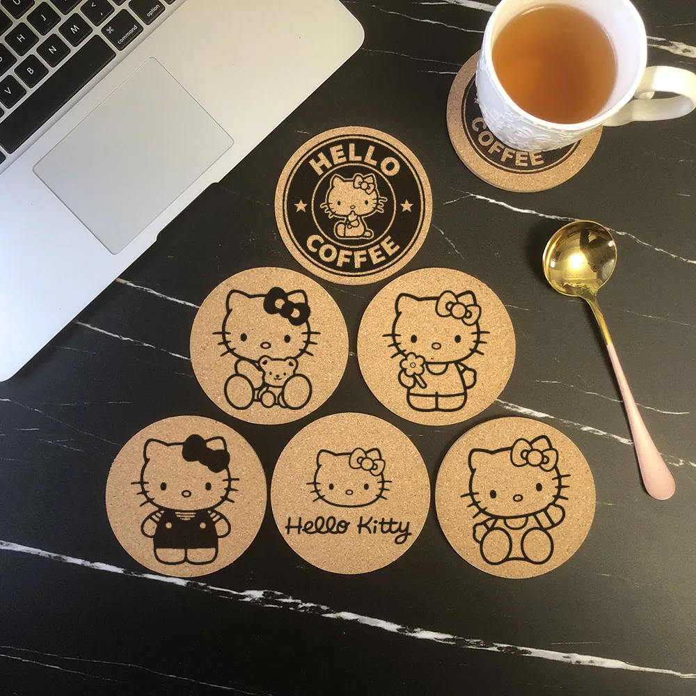 New Fashion Round Cork Coaster Engraved Hello Kitty Coffee Mug Drinks Holder for Kitchen Natural Wooden Mat Tableware