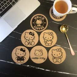 Posavasos redondo de corcho con grabado de Hello Kitty, soporte para tazas de café y bebidas para cocina, estera de madera Natural, vajilla, nueva moda