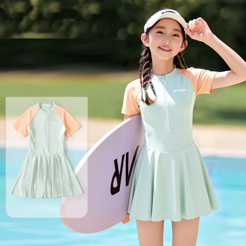 

Summer Swimsuit Kids Girl Children Swimwear Swimming Suit One Piece Beachwear Boxer Bottom Short Sleeve Big Size Bathing Suit