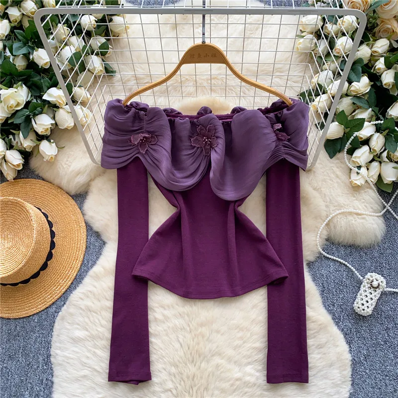 甘辛ガール パープル フリル スラッシュネック Tシャツ 秋冬新作 ファッション 長袖 オフショルダー トップス ブラック インナーシャツ