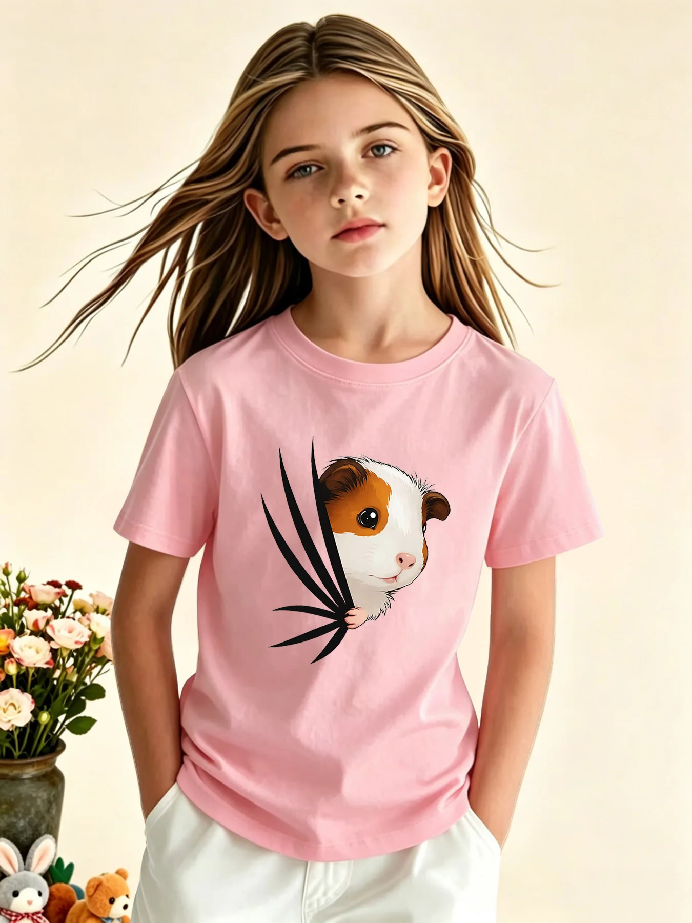 Peeking Guinea Pig Break Through Print T Shirt Family Matching Outfit Boys Girls Kid Short Sleeve Cute Animal Children Daily Tee