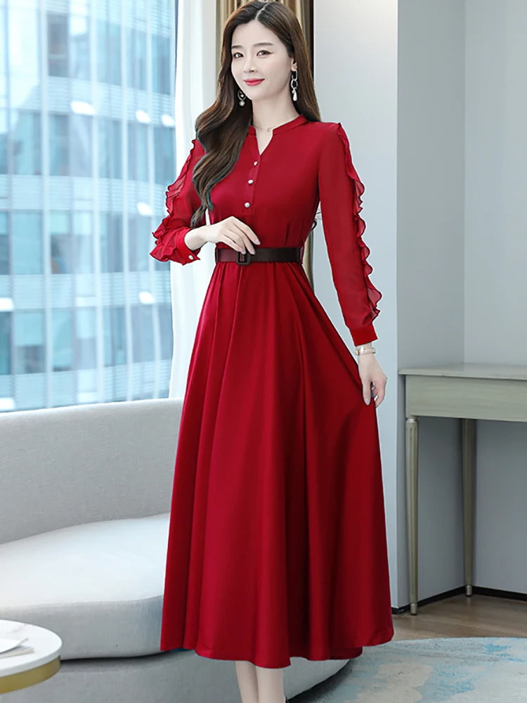 Female Red Acetate Satin Luxury Long Dress Autumn Winter Chic Ruffled Long Sleeve Dress 2024 Korean Elegant Bodycon Party Dress