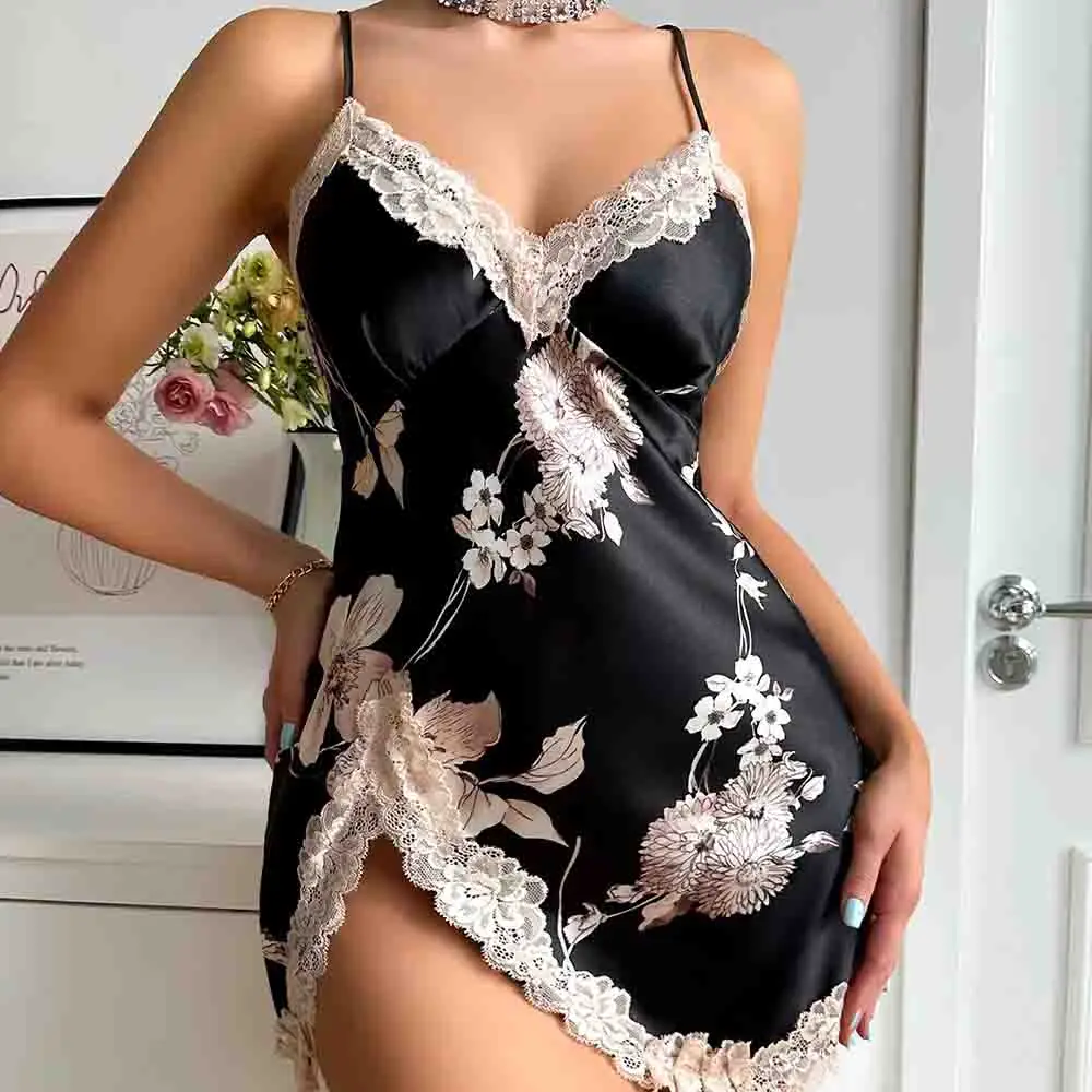 

New Ice Silk Sleeping Skirt Thin Short Skirt Women's Home Wear Imitation Silk Printed Dress Fashion Pajamas Summer New Style