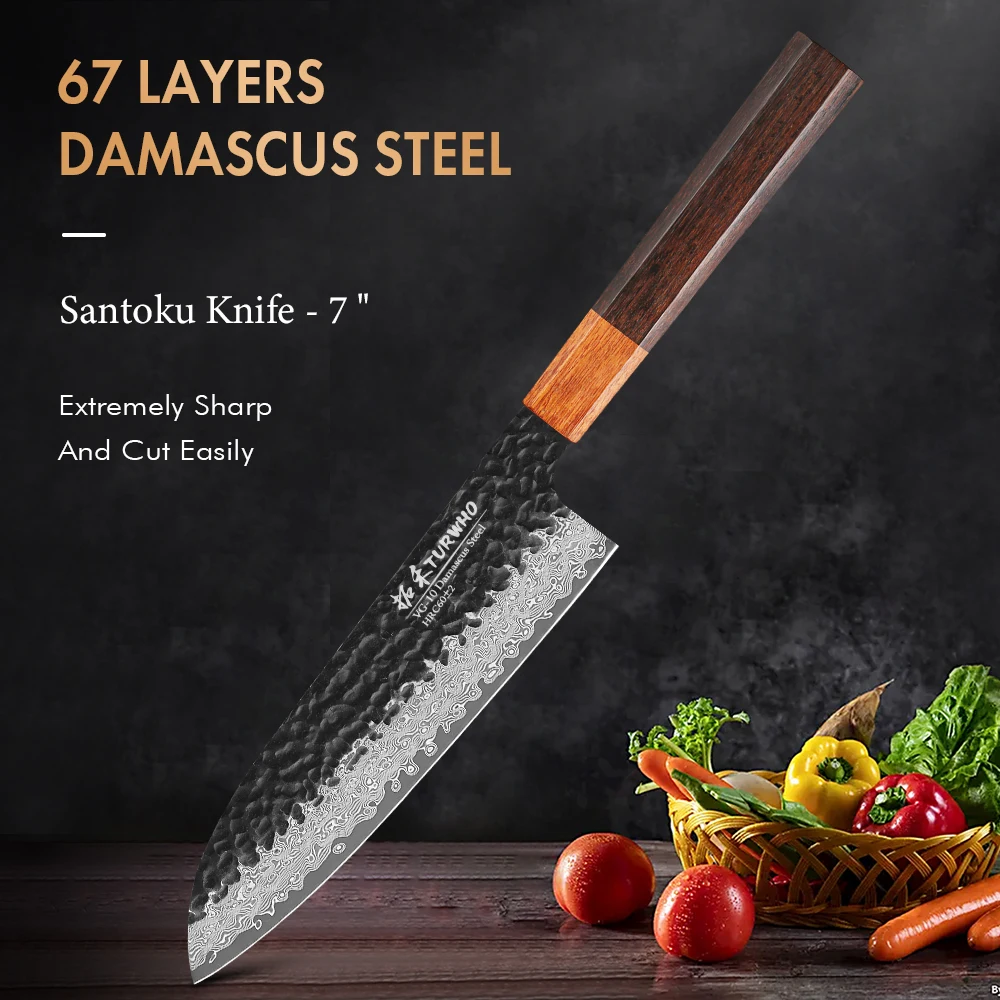 

TURWHO 7-inch Japanese Hand Forged Santoku Knife Damascus Steel Professional Kitchen Knife Meat Cleaver Handmade Cooking Tools