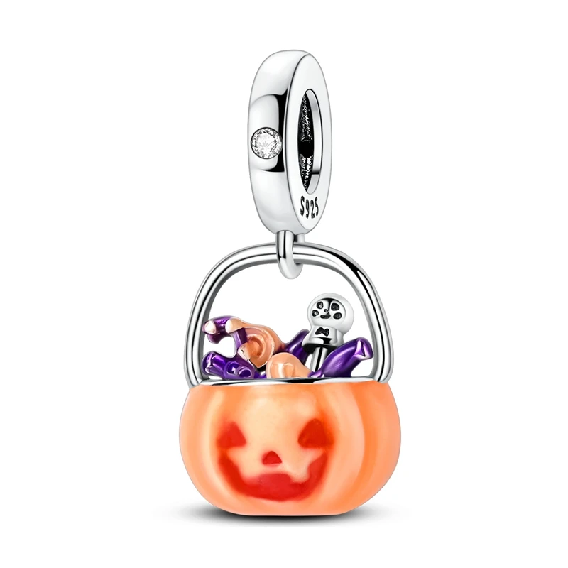 925 Sterling Silber Halloween Charm-Perlen Kürbis Totenkopf Hexe Geist Schwarze Katze Anhänger Passend für Halsketten Armbänder Damen Schmuck Geschenk – Detail 14