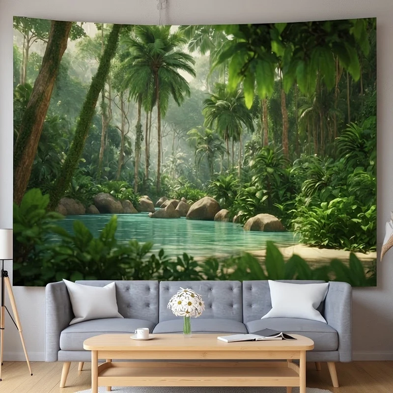 1PC Tropical Jungle River View Print Backdrop Banner, Bedroom Living Room Photo Background, Polyester, Home Decor, Wall Art
