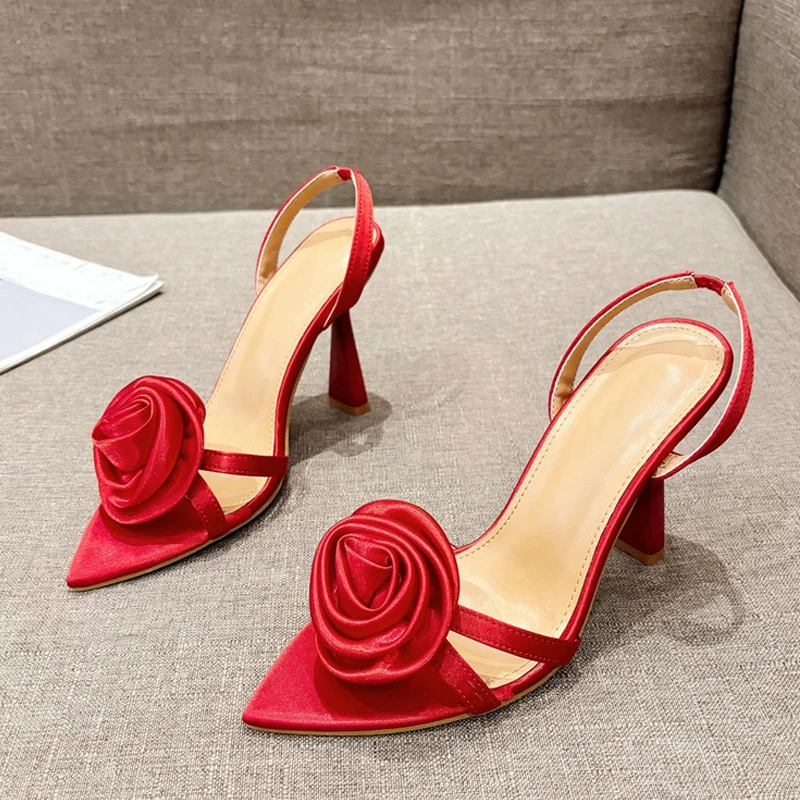 Liyke Summer Fashion Silk Rose Flowers Pointed Open Toe Back Strap Sandals Women Red High Heels Wedding Prom Shoes Zapatos Mujer