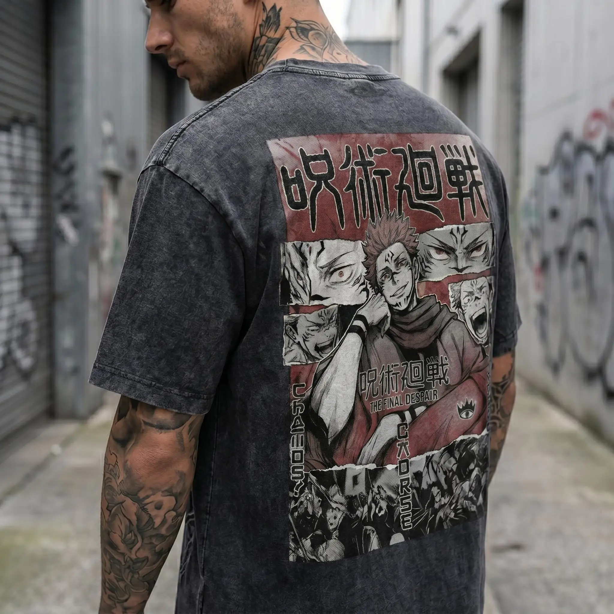T-shirt graphique unisexe Jujutsu Kaisen Yuji Itadori & Sukuna « The Final Despair » gris délavé style manga vintage streetwear