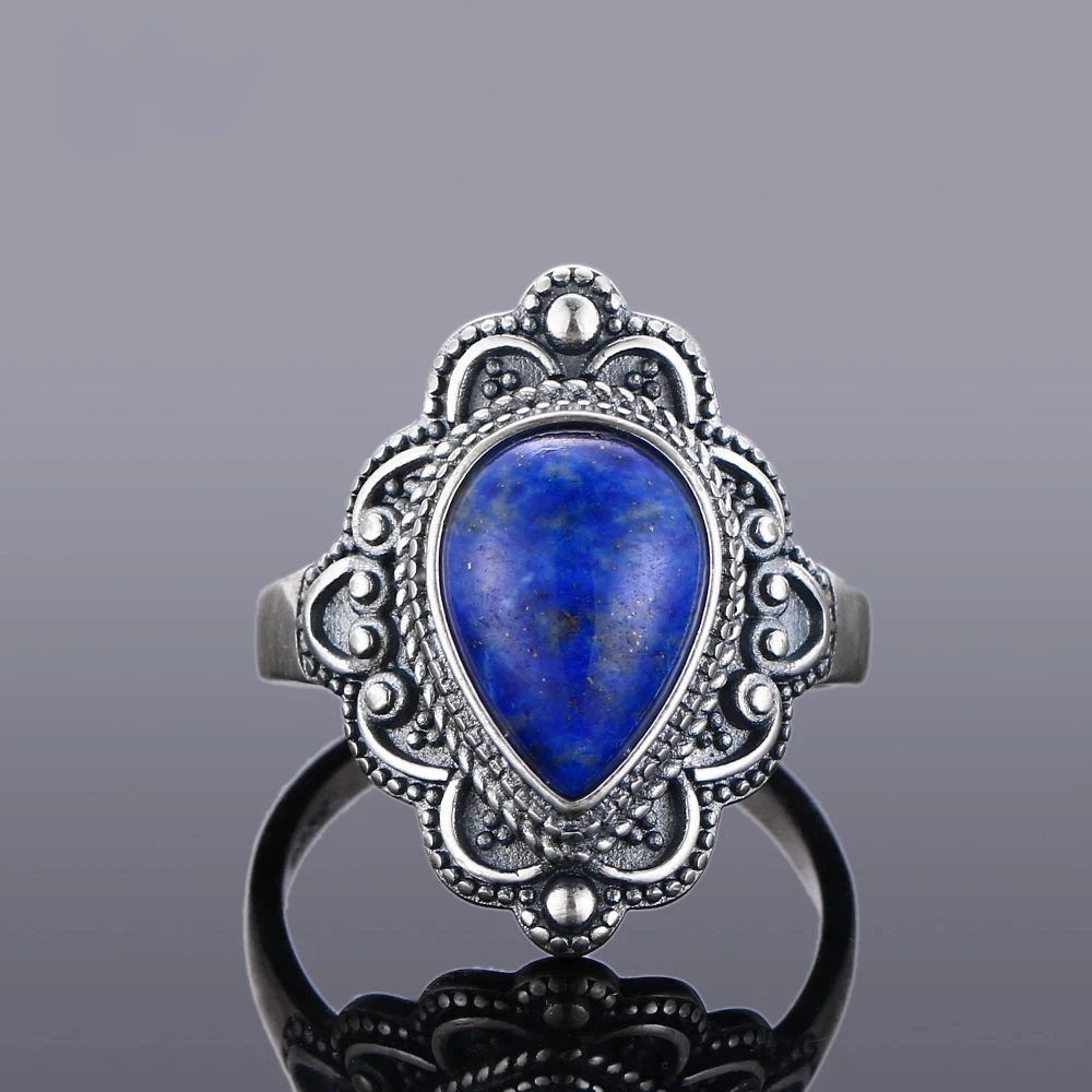 Natural Lapis Ring 925 Sterling Silver Rings for Women Men Drop Shaped Stone Fine Jewelry Gift Retro Party Finger Ring