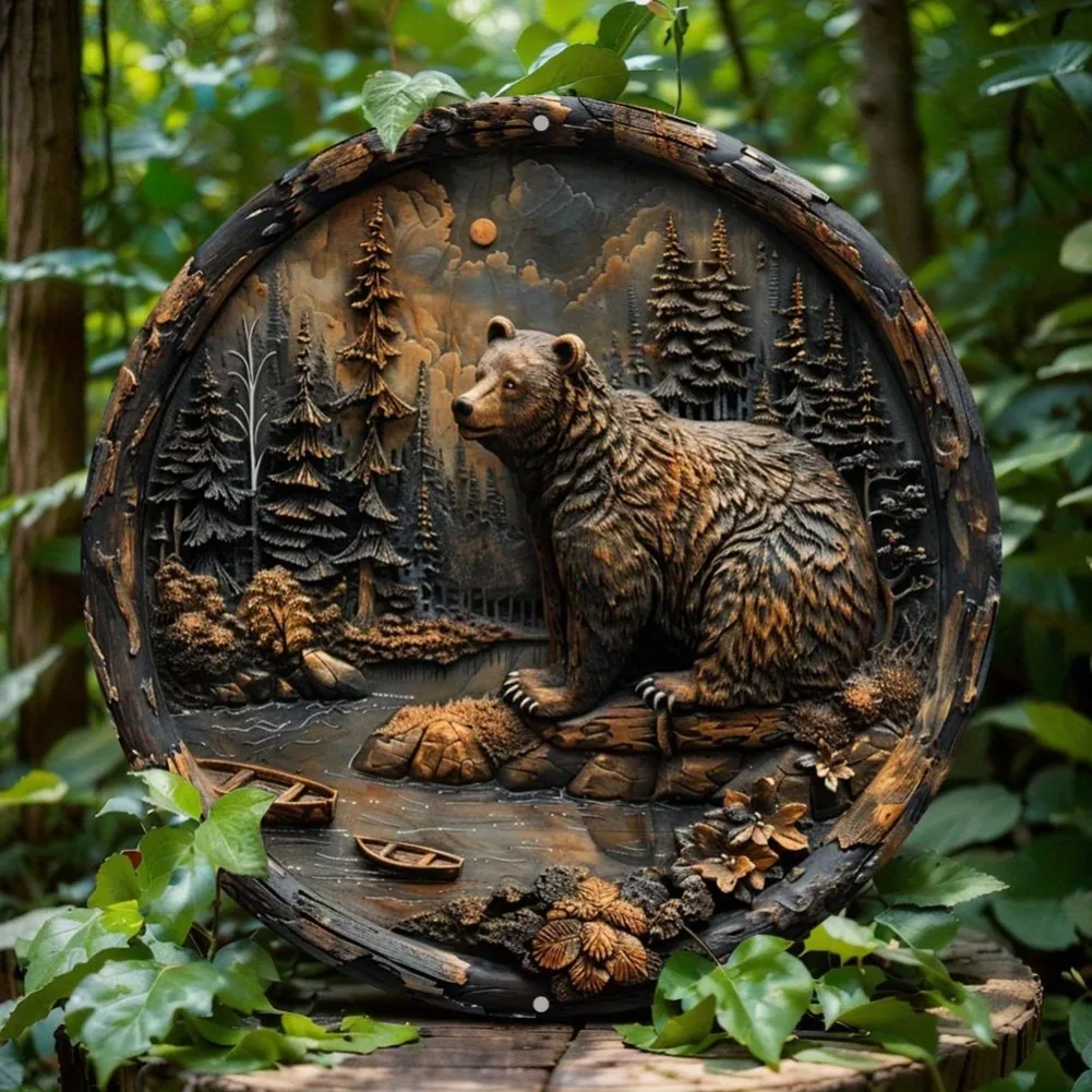 3D Embossed Brown Bear Wilderness Scene 2D Flat Tin Sign - Rustic Forest River & Pine Tree Themed Wall Decor for Cabin, Lodge, P