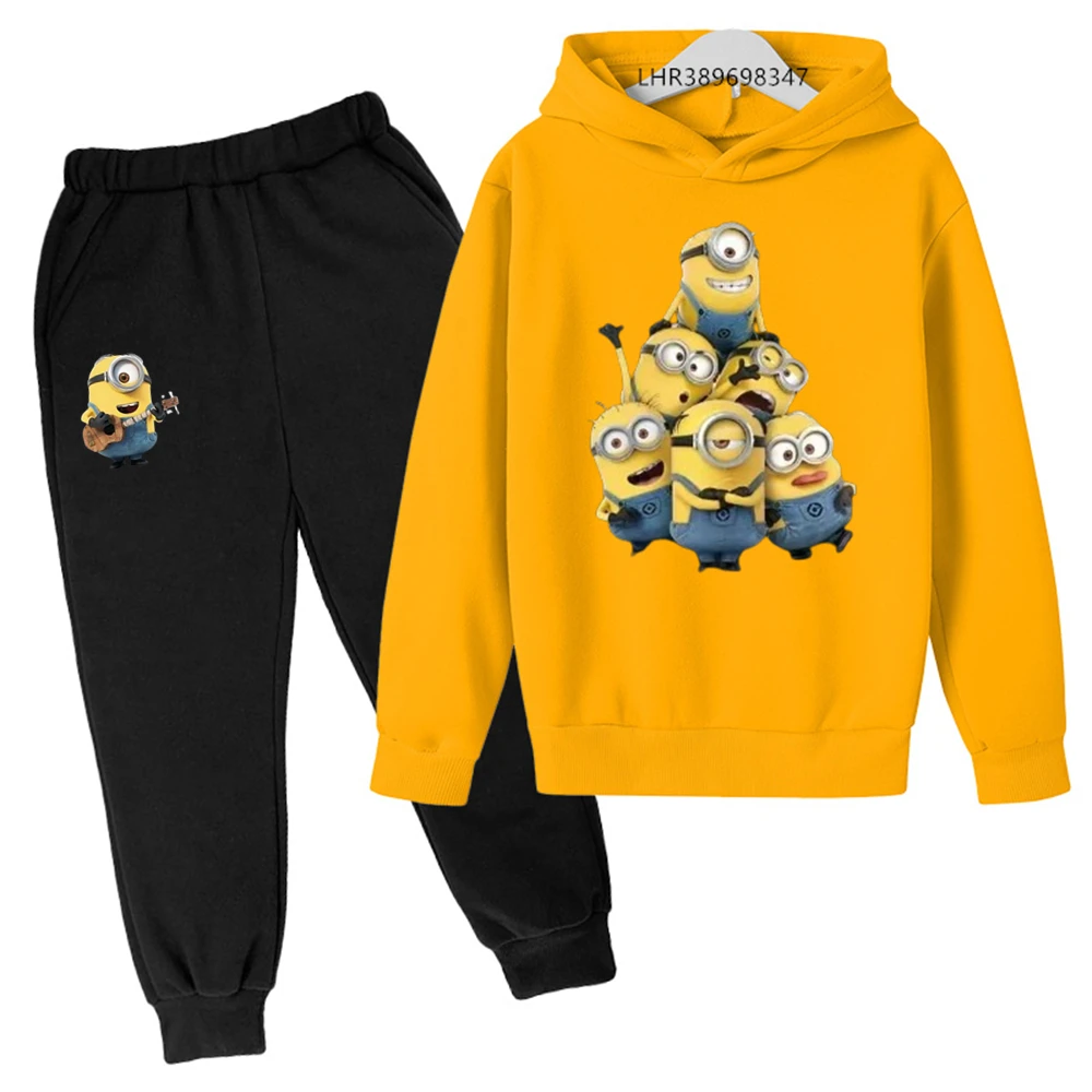 Minions-suéter deportivo de dibujos animados para niño y niña, y pantalones Sudadera con capucha, ropa amarilla para otoño e invierno, 3 a 12 años