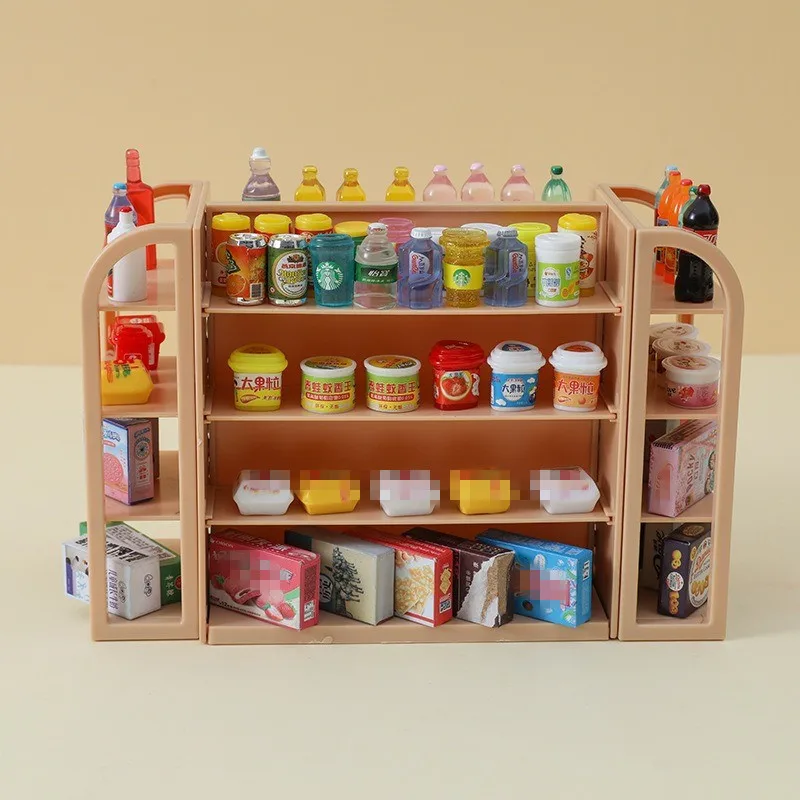 Mini simulation supermarket four-sided shelves miniature items beverages snacks toys model display rack