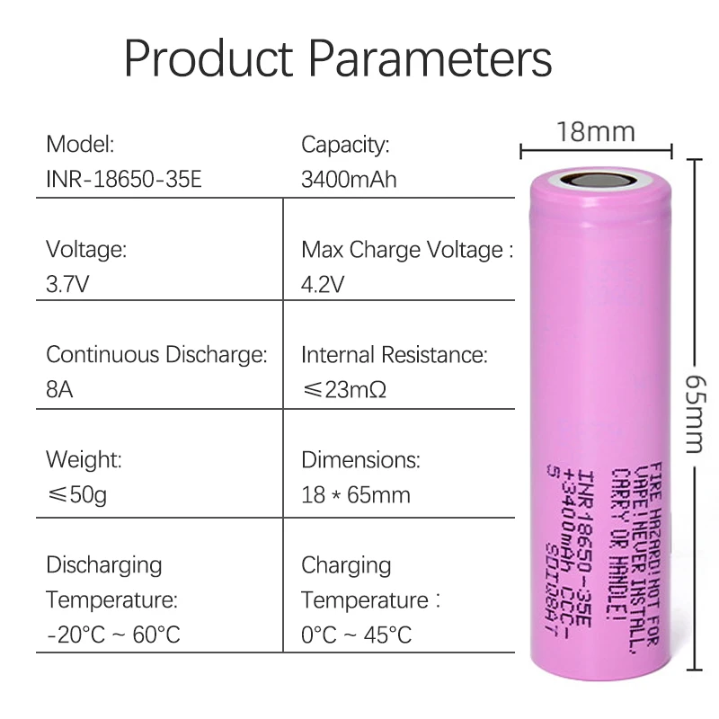

INR18650-35E 3400mAh 3.7V Lithium Battery Cell for Power Bank Flashlight E-bike