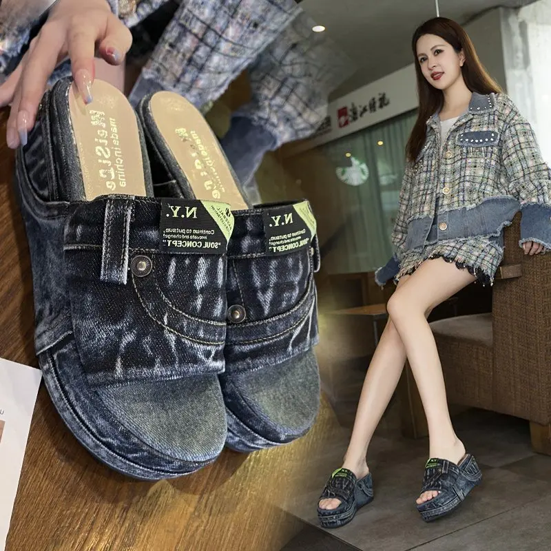 Washed Denim 7CM Wedge Sandals Women 2026 New Summer High-heeled Fashion Slippers Round Head Women's Platforms Sandals Blue