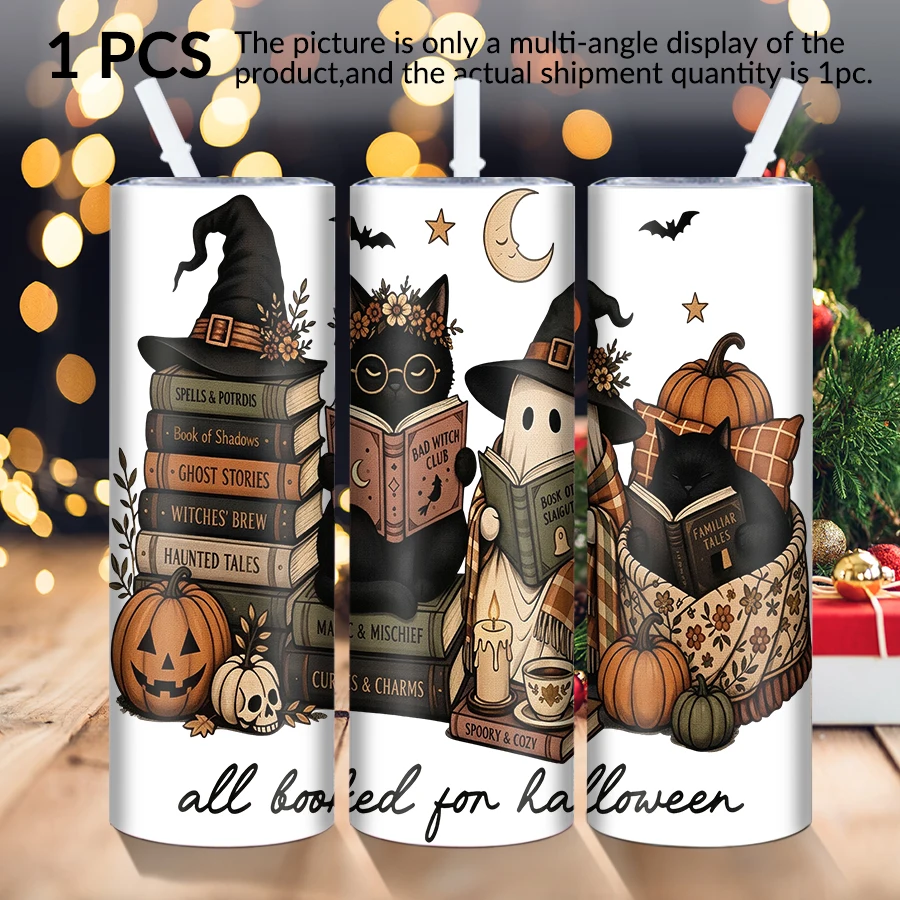 1pc 20Oz stainless steel straight cup with lid straw Christmas scholar element is suitable for Christmas and Halloween as a gift