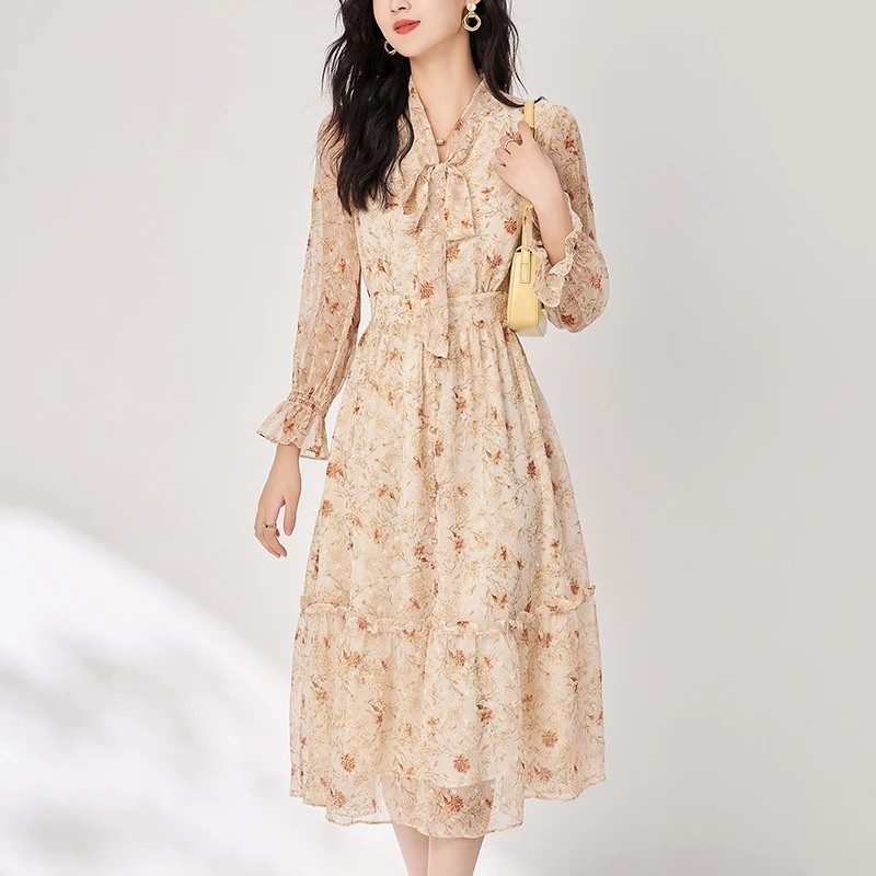 

Vintage Dresses For Women Summer Autumn Elegant Fashion Bow Long Flare Sleeve Floral Print Women's Clothing Long Dress A-line