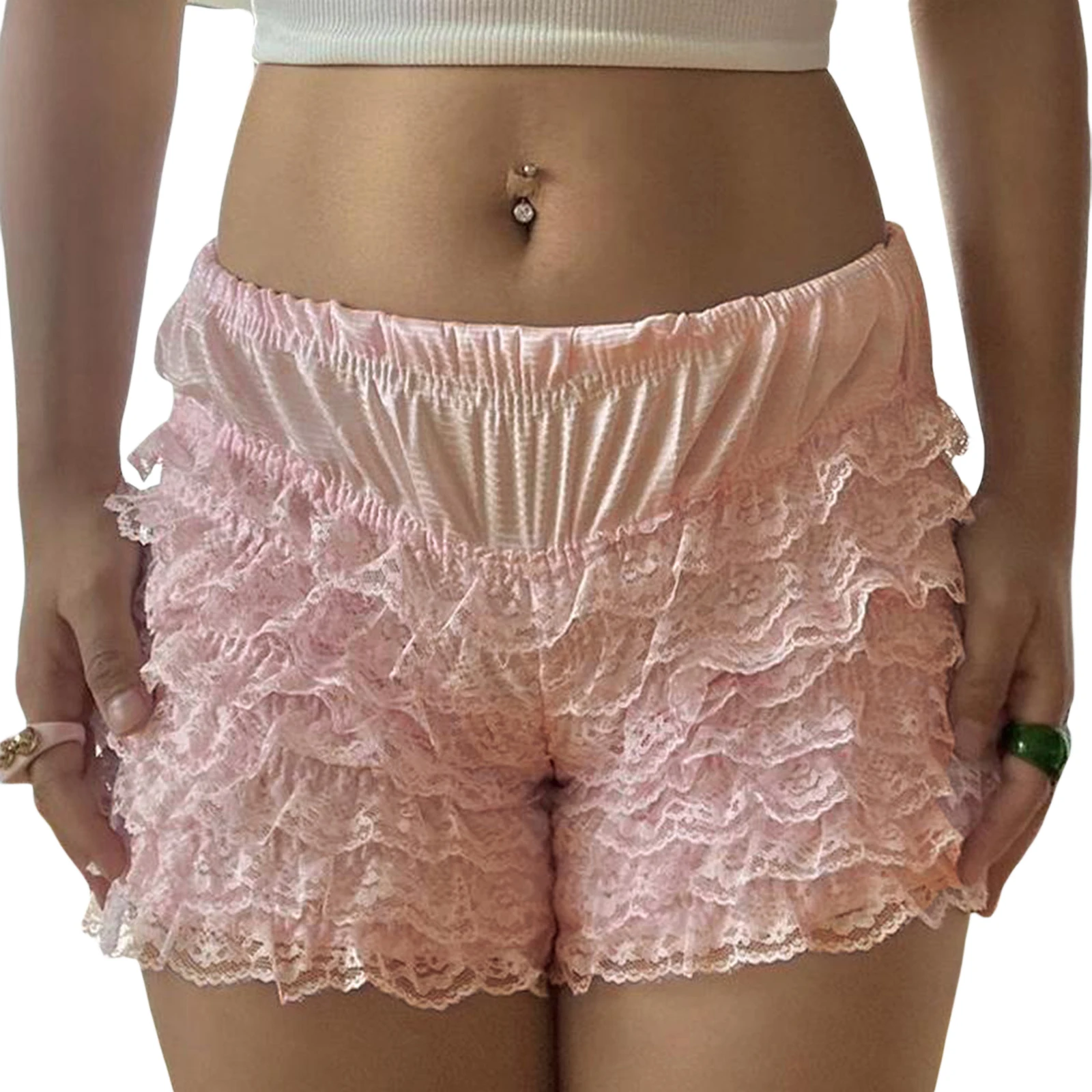 Women Summer Floral Lace Shorts Casual Ruffled Elastic Waist Short Pants for Beach Nightclub Streetwear