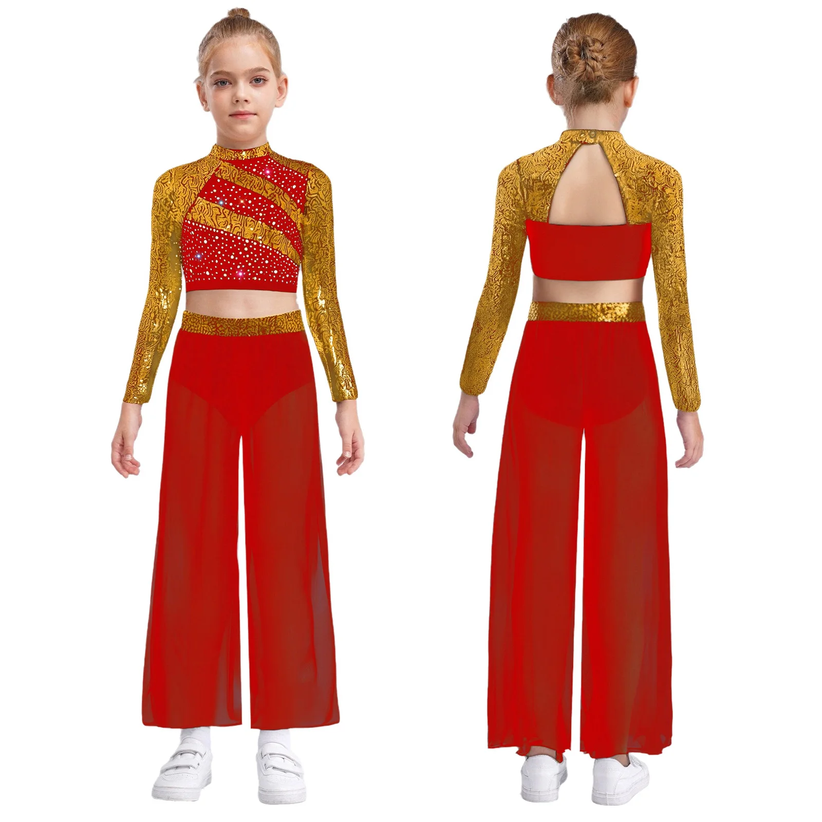 

Kids Girls Lyrical Dance Costume Two-Piece Set Long-Sleeved Sequins Crop Top+Flowing Chiffon Overlay Pants Modern Dance Clothes