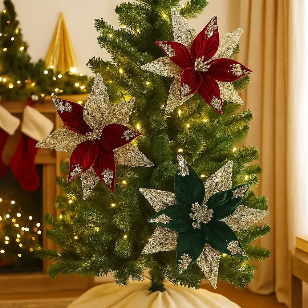 

29cm Artificial Christmas Flower Velvet Flocking Christmas Tree Wreath Simulation Realistic Christmas Poinsettia Xmas Party