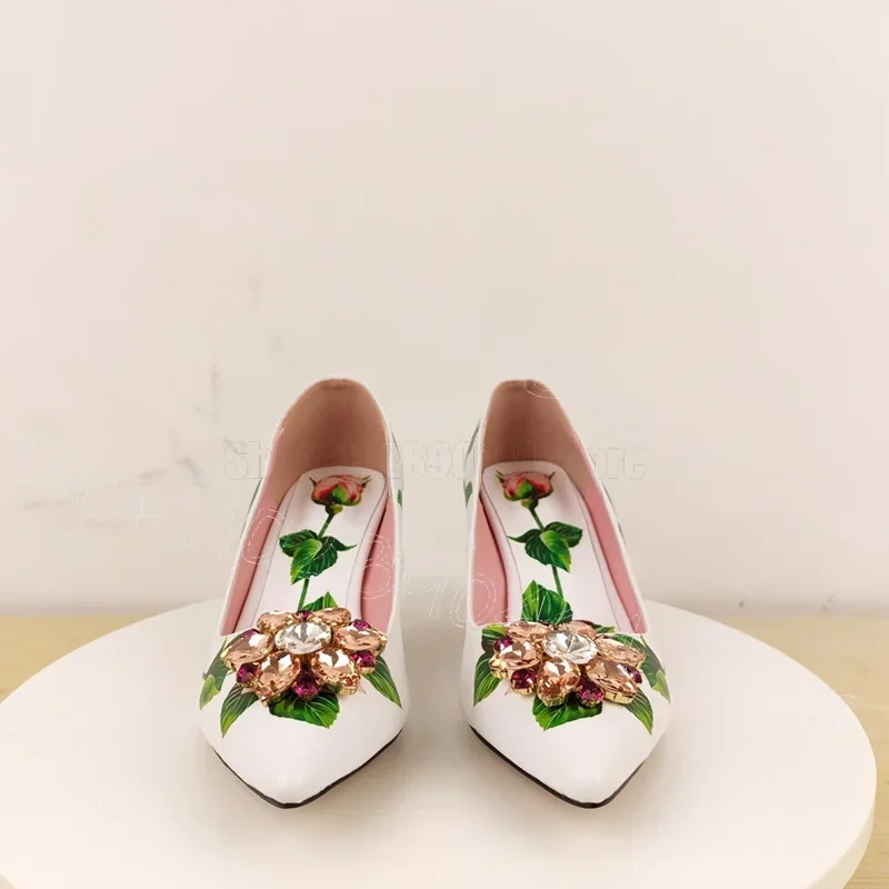 Crystal Flower Floral Print Pointed Toe Pumps Slip On Women Shoes Thin High Heels Party Banquet Dating 2026 Zapatos Para Mujere