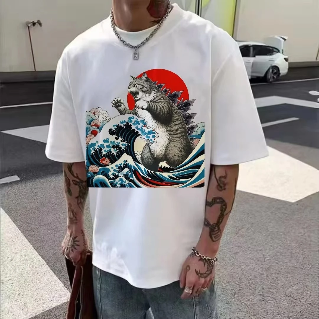 الفن الياباني مضحك القط هدايا للرجال النساء جودة عالية س الرقبة قصيرة الأكمام 100% القطن قمم تي شيرت