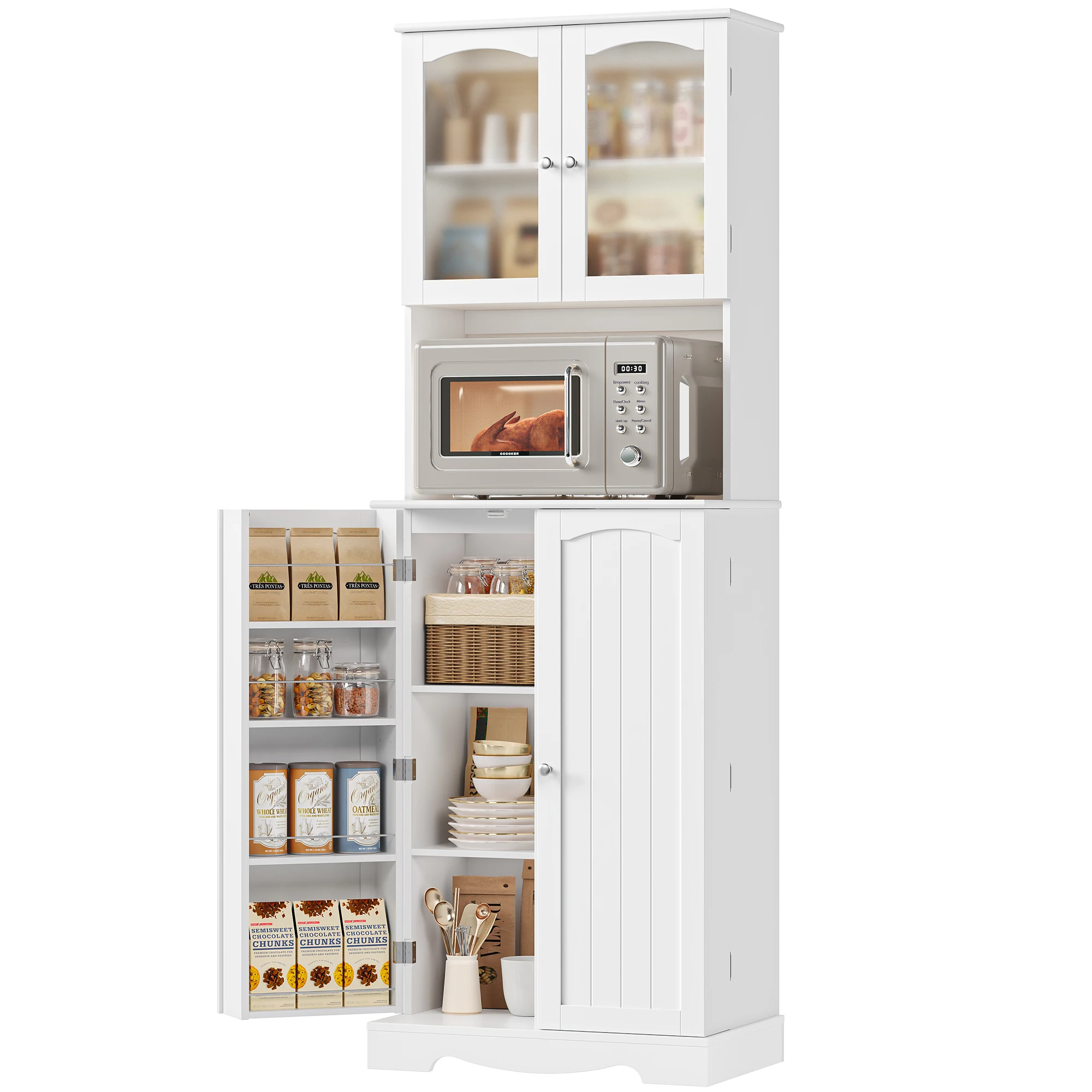 Sideboard, 181cm Küchenschrank Hoch, Buffetschrank mit Mikrowellenregal und 8 Türablagen, Freistehender Küchenvorratsschrank für