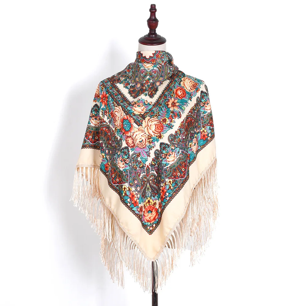 

Женский шарф, зимняя повязка на голову, русский квадратный ретро-цветочный узор с бахромой, национальный хиджаб, повязки на голову, дорожная шаль, шарф «бабушка»