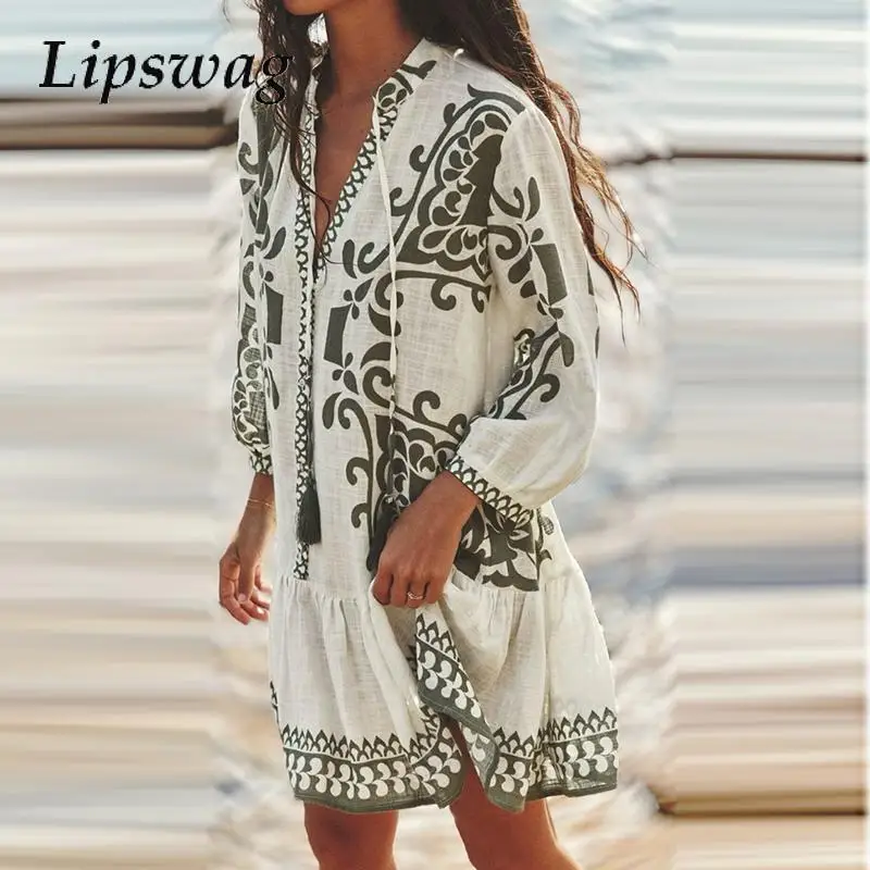 Elegant Lantern Sleeve Pullover Loose Dress 2025 Casual Pattern Printed Ruffles Mini Dress Women Fashion V-Neck Bohemian Dress