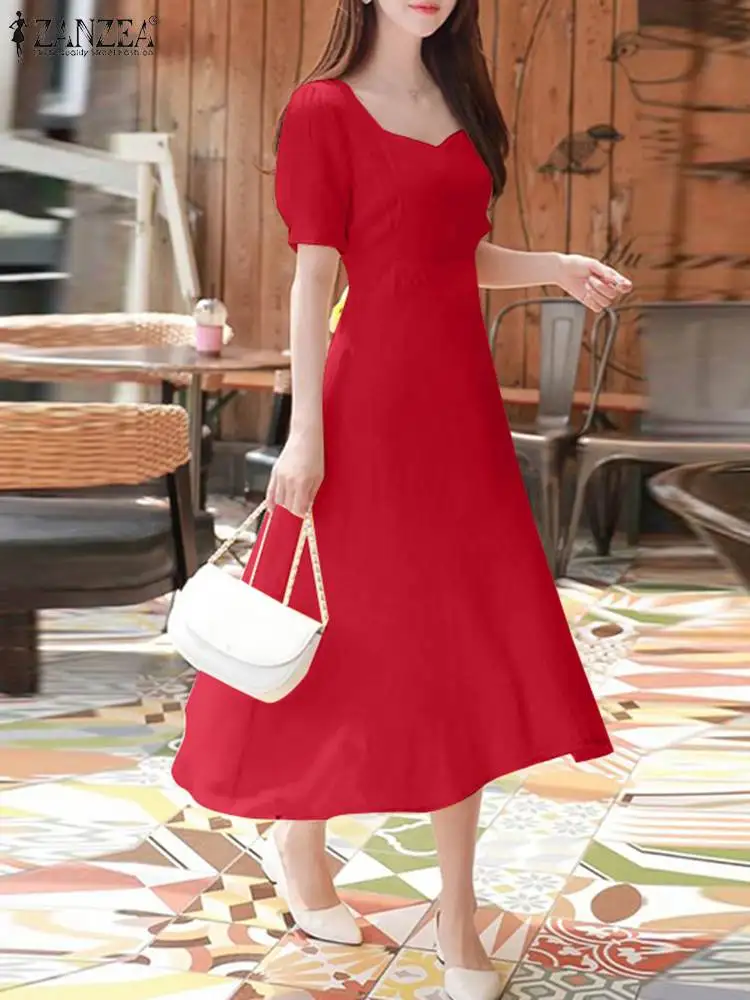 ZANZEA Elegant Waist Party Dresses Vintage Evening Dress Women Puff Short Sleeve A-line Robe 2024 Summer Wedding Midi Vestidos