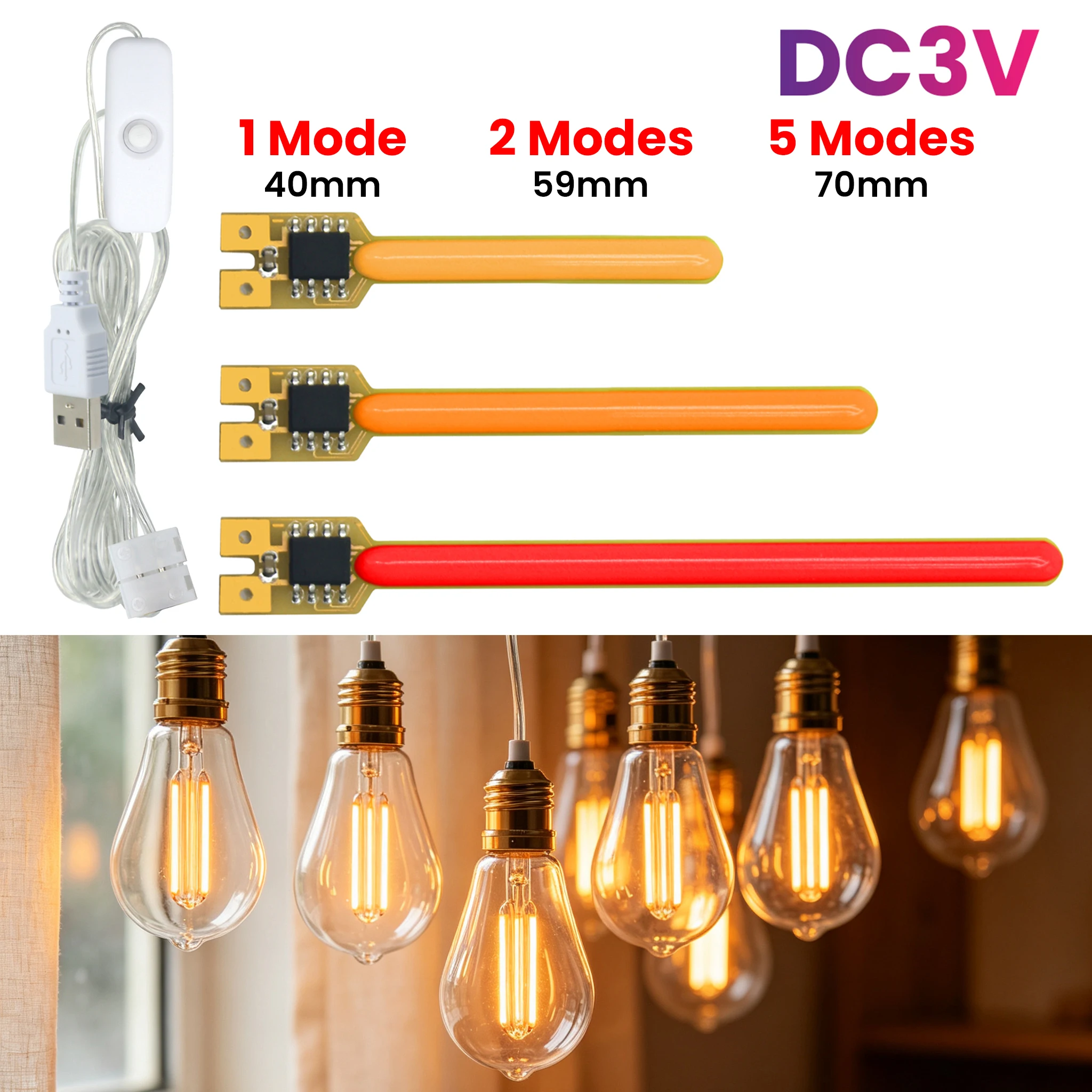 DC 3V 40mm 59mm 70mm Meteor Shower Flowing Water Lamp COB LED Filament with USB 501 Button Switch Diodes Parts Light Accessories