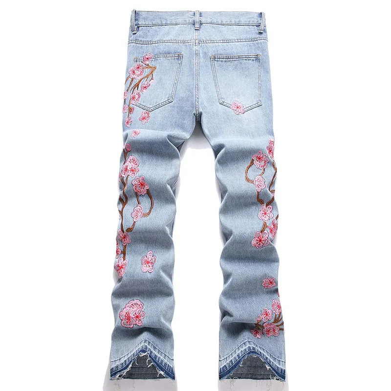 New Men Flared Jeans Plum Blossom Embroidery Straight Denim Pants Streetwear High Street Mid Waist Men Bootcut Jeans pantalon
