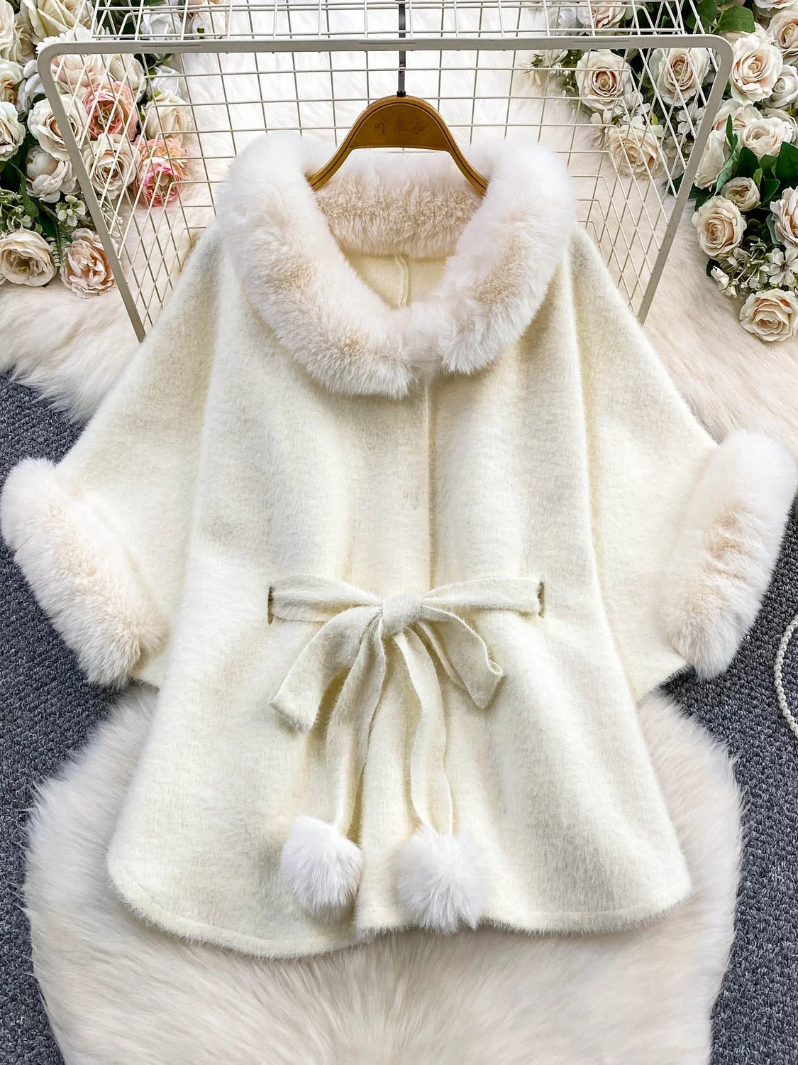 

Ele женское пальто с меховой отделкой и запахом, узел с тяжелыми украшениями, теплая модная верхняя одежда, весна-осень-зима