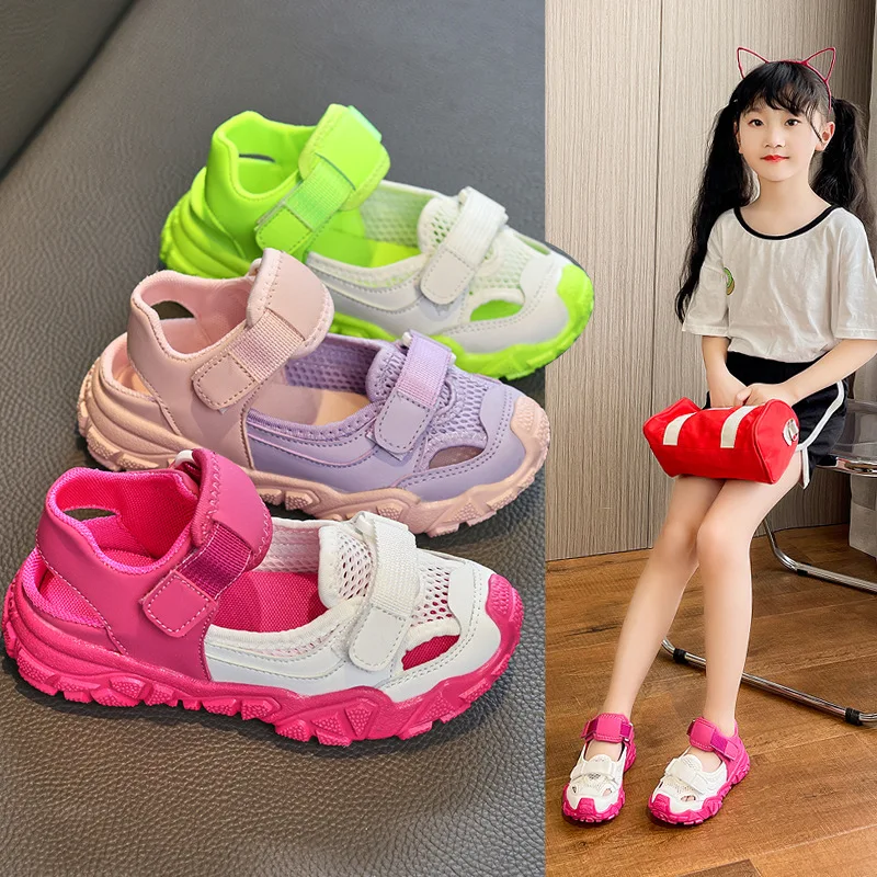 Girls Sport Sandals Kids Fashion 2022 New Summer Mesh Assorted Breathable Hollow Beach Shoes Children Hook & Loop Girls Sneakers