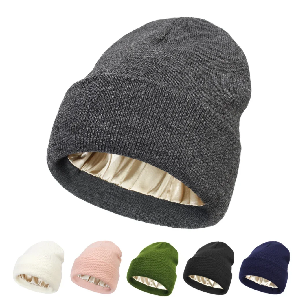 

Satin Lined Anti Static Beanie for Women Winter No Static 2 Layer Knitted Hat Silk Satin Bonnet Hair Cover Sleep Cap SkiSkullies