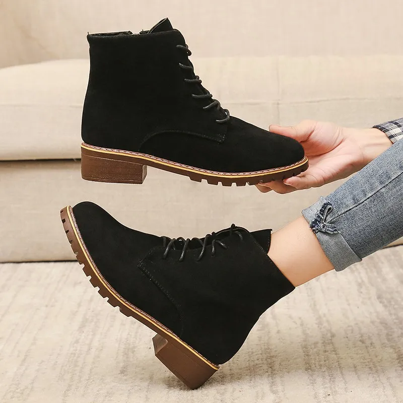 

Nice Spring Pop Womens Ankle Boots Vogue Retro Zipper Suede Boots Outdoor Comfortable Square Heel Lace-up Botas De Mujer