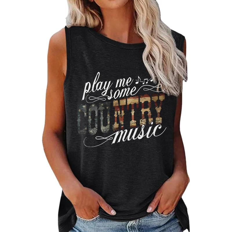 Country Music Women's Tank Top Play Me Some Country Music Graphic Sleeveless Top Women's Vest Cowgirl Summer Casual Tops